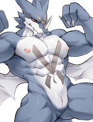 abs animal_genitalia anthro blue_body bodily_fluids chung0_0 claws digimon digimon_(species) exveemon genital_slit genitals hi_res horn male male_only muscular muscular_male navel nipples nude pecs pink_nipples red_eyes simple_background slit solo sweat sweatdrop white_background wings