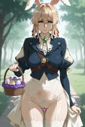 ai_generated blonde_hair bunny_ears day dress easter easter_bunny easter_egg garden garter_belt garter_straps green_eyes object_insertion panties panties_aside pussy pussy_juice sweat tagme thick_thighs vaginal_insertion violet_evergarden violet_evergarden_(character)