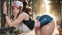 ai_generated ass backdoorsenpai baseball_cap big_ass black_vest blue_eyes blue_shorts blush breasts brown_eyes brown_hair covered_nipples curvy denim_shorts egao exposed_pocket female gen_5_pokemon hat hilda_(pokemon) horny large_breasts long_hair long_sidelocks looking_to_the_side naughty_face naugty_eyes nintendo open_vest perky_breasts poke_ball_print pokemon pokemon_bw shiny_skin shirt shorts sidelocks sleeveless sleeveless_shirt smile_breasts tepig thick_thighs thighs vest white_shirt wide_hips wristband