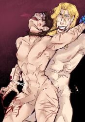 2male amputee blonde_hair blood blood_splatter blue_eyes brown_hair bulge choking crossdressing cuts dark_background drag_queen gay gay_anal gay_male gay_sex green_eyes kamo_falk light_skin male_only mlm muscles naked naked_male nipples original_character out_of_breath rippotai_taro scar scars scars_all_over yaoi