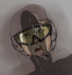 1boy 1girls alibi_(rainbow_six) beret big_penis clothed_female cum_in_mouth cum_on_clothes cum_on_face female goggles harsh-mallowz headset line_art male military_uniform penis_shadow rainbow_six rainbow_six_siege simple_background tagme tom_clancy