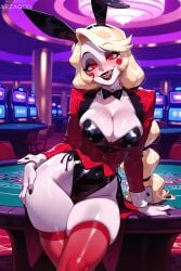1girl ai_generated arzagod big_breasts blonde_hair blush bodysuit bunny_ears charlie_morningstar_(hazbin_hotel) hazbin_hotel large_breasts long_hair makeup perfect_legs red_eyes red_stockings stockings tagme thick_thighs