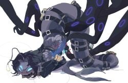 1boy 2_penises 3_arms 3_eyes already_uploaded anglerfish_boy asaichi belt black_hair black_jacket blue_eyes blush brown_vest colored_skin cuntboy cuntboy_sans_balls curtained_hair diphallia diphallism empty_eyes fins full_body grey_skin head_fins herm hermaphrodite highres intersex jacket lying male male_focus maleherm masturbation merfolk merman multi_arm multi_eye multi_genitalia multi_limb multi_penis on_stomach open_mouth penis penis_below_pussy pressure_(roblox) pussy pussy_juice pussy_tentacle repost sebastian_solace shirt short_hair solo tail tentacle vest white_shirt