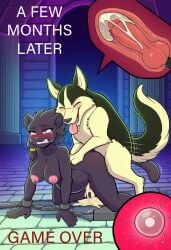 ai_generated anthro badendbat_(artist) breasts chained clairen_(rivals_of_aether) cum_inside egg_cell female feral_on_female fertilization game_over husky knotting nipples novelai panther_girl pregnant request rivals_of_aether sperm_cell