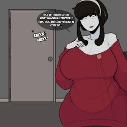 big_breasts black_hair breasts busty clothing cosplay dialogue female female_only huge_breasts indoors large_breasts milf mother original saltynoodles slightly_chubby slightly_chubby_female solo spy_x_family text thick_thighs thunder_thighs veronica's_mother_(saltynoodles) wide_hips wig yor_forger_(cosplay)