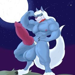 1:1 angrypotato96 anthro big_penis blue_body blue_fur bow_tie canid canine canis fur genitals hair huge_cock hyper hyper_genitalia hyper_penis long_hair male male_only mammal muscular muscular_male penis solo white_hair wilford_wolf wolf