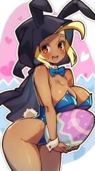 1girls ass bandana blonde_hair blush breasts bunny_ears bunnysuit cleavage cloak earrings easter_egg female female_only holding_object huge_breasts large_breasts life_is_pi looking_at_viewer midriff purple_eyes shantae sky_(shantae) solo tanned_skin thick_thighs wayforward