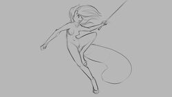 16:9 2020 anthro breasts female genitals grey_background hair mammal melee_weapon monochrome navel nipples nude open_mouth pussy rodent sciurid simple_background solo watsup weapon widescreen