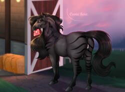 animal_genitalia animal_pussy animal_vulva anus black_mane black_tail condom crotchboobs english_text equid equine equine_anus equine_genitalia equine_pussy equine_vulva eyelashes female female_feral feral gaping gaping_vagina genitals glistening glistening_eyes grass grey_body grey_hooves hay hay_bale hi_res hooves horse huskii-s looking_at_viewer mammal mane narrowed_eyes outside plant pussy sexual_barrier_device solo striped_legs tail teats teeth text unused_condom vulva wrapped_condom