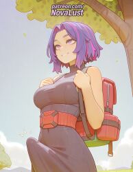 1futa 2025 ai_generated artist_name backpack bag breasts brown_bag bust chest futanari handbag hi_res high_quality high_resolution highres holding_strap intersex lady_nagant my_hero_academia novalust patreon patreon_username purple_hair randoseru short_hair shoulder_bag sleeveless solo stable_diffusion tree watermark