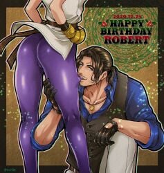1boy 1boy1girl 1girls arched_back art_of_fighting ass ass_focus beard belt big_ass big_butt birthday bite biting black_gloves blue_eyes brown_hair brunette brunette_hair bubble_ass bubble_butt butt cameltoe christmas clothed clothing collar collared_shirt couple english_text facial_hair female fingerless_gloves fully_clothed gloves goatee gym_clothes gym_uniform happy_birthday hi_res high_quality high_resolution highres jewelry king_of_fighters king_of_fighters_xiv kof large_ass leggings light-skinned_female light-skinned_male light_skin looking_at_viewer male mill_36 mistletoe moustache muscles muscular muscular_male narrowed_eyes necklace pale-skinned_female pale-skinned_male pale_skin ponytail presenting_ass presenting_butt robert_garcia ryuuko_no_ken shirt snk squatting straight text the_king_of_fighters thigh_grab thighs tied_hair tights very_high_resolution waistcoat workout_clothes yuri_sakazaki