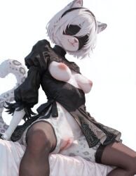 :3 ai_generated bed_sheet black_blindfold blindfold body_fur breasts breasts_out cleft_of_venus closed_mouth fat_mons female from_below from_side furry furry_female hairband inverted_nipples large_breasts legs_apart nier nier:_automata pussy rinka5693 simple_background sitting smug snow_leopard_ears snow_leopard_girl snow_leopard_tail solo spread_legs thighhighs uncensored yorha_2b