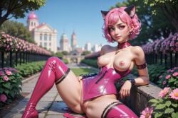 1girls ai_generated animal_ears arm_strap artist_name bare_shoulders blurry boots breasts building cat_ears choker day earrings female flower hi_res ichigo_momomiya jewelry leotard leotard_pull lips looking_at_viewer medium_breasts mew_ichigo nipples nose outdoors parted_lips pink_eyes pink_flower pink_footwear pink_hair pink_leotard pink_thighhighs progenarts pussy reclining short_hair sitting solo spread_legs thigh_boots thighhighs tokyo_mew_mew tree