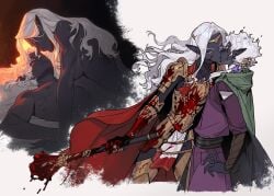 1boy 1girls after_battle armor armored_female baldur's_gate baldur's_gate_2 blood blood_on_armor blood_on_weapon circlet dark_elf dominant_female drow drow_(dnd) dungeons_and_dragons elf elf_ears eye_contact female female_domination femdom forgotten_realms gauntlets gorion's_ward hand_behind_head imminent_sex kissing looking_at_partner mace male malesub mintha410 oc older_female pointy_ears red_eyes straight tent viconia_devir weapon white_hair younger_male