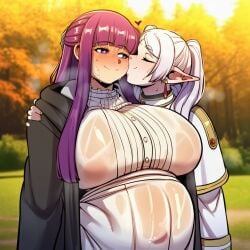 1girls ai_generated bangs big_belly blunt_bangs blush breasts closed_eyes closed_mouth dress earrings elf female female_only fern_(sousou_no_frieren) frieren heart huge_breasts jewelry kissing kissing_cheek large_breasts long_hair mongrealai multiple_girls outdoors pointy_ears pregnant purple_eyes purple_hair robe see-through smile sousou_no_frieren sweat tree twintails wet wet_clothes white_dress white_hair