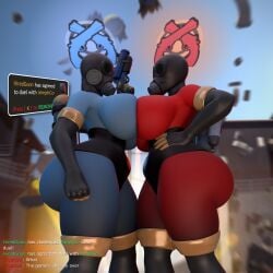 2girls ass big_ass big_breasts breasts breasts_squeezed_together chat chat_box clothed clothed_female crypti1d detonator_(team_fortress_2) duel explosion face_to_face female female_only fempyro flare_gun fully_clothed fully_clothed_female gameplay_mechanics gloves hand_on_hip masked masked_female masked_only pl_badwater tagme team_fortress_2