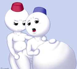 2015 anal balls blush clenched_teeth clothing duo fez genitals hat headgear headwear male male/male navel open_mouth penis rawenski snow_bro_(snow_bros.) snow_bros snowball snowman teeth