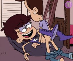 1boy 1girls ass balls bean_bag blush brown_hair cum duo female half-closed_eyes looking_pleasured luna_loud male pants_down penetration smile straight straight_hair sully_(the_loud_house) the_loud_house thundersteam