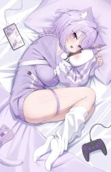 1girls :d absurdres ahoge ai_(u_e_o_o) animal_ears breasts cat_ears cat_girl cat_tail catgirl cellphone commentary_request controller curled_up feet female game_controller hair_intakes head_on_pillow highres hololive hololive_gamers hololive_japan jacket kneehighs large_breasts light-skinned_female light_skin looking_at_viewer loose_socks lying nekomata_okayu nekomata_okayu_(membership) no_pants no_shoes official_alternate_costume official_alternate_hairstyle on_side open_mouth phone pillow purple_eyes purple_hair purple_jacket short_hair smartphone smile socks solo solo_female tail thigh_strap two_side_up virtual_youtuber white_socks