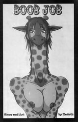 1girls anthro big_breasts black_and_white breasts brown_eyes brown_hair comic earrings english_text female giraffe horns kadath kadath_universe looking_at_viewer puzzle_(kadath) simple_background solo text