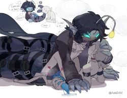 2_penises 2boys 3_arms 3_eyes after_kiss already_uploaded asaichi belt black_hair black_jacket blue_eyes boy_on_top breath brown_scarf clenched_teeth cuntboy cuntboy_sans_balls diphallia diphallism empty_eyes english_text frills hand_on_another's_head herm hermaphrodite highres intersex jacket knees_up lying male male_focus maleherm merfolk merman motion_lines multi_arm multi_eye multi_genitalia multi_limb multi_penis multiple_boys multiple_males multiple_views on_back on_ground penis penis_below_pussy pressure_(roblox) pussy pussy_tentacle repost saliva saliva_trail scarf sebastian_solace sex short_hair size_difference tail teeth twitching vaginal_penetration viewer_self-insert yaoi