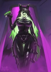 bangs bat_wings black_hair black_latex bondage bound bow_tie character_request clothing collar collar_ring collar_tag crystals_on_the_body dark_room dominant dominant_female door doorway doorway_light eyebrow_through_hair eyebrows fangs feline_ears female glistening glowing glowing_hair green_collar green_eyes green_hair green_leash green_light grin grinning_at_viewer hair hi_res holding_collar holding_leash holding_object human humanoid inside latex latex_clothing latex_skinsuit leash light_outline looking_at_viewer mammal membrane_(anatomy) membranous_wings mrsklll neon_lighting one_eye_closed open_mouth petplay pink_light puppyplay restraints roleplay skinsuit skull_accessory smile smiling_at_viewer solo solo_focus spinning_object teeth tight_clothing tongue translucent translucent_hair wings