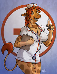 1girls anthro big_breasts breasts brown_eyes brown_hair cleavage clothed earrings female giraffe horns kadath kadath_universe looking_at_viewer needle nurse nurse_uniform puzzle_(kadath) simple_background solo