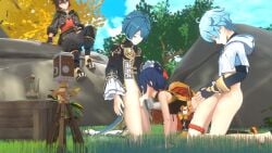 1girls 3boys 3d ass blowjob blue_hair breasts brown_hair camera chongyun_(genshin_impact) crate cyan_hair deepthroat doggy_style fellatio female forest gaming_(genshin_impact) genshin_impact grass head_grab kneeling male mmf_threesome nature orange_hair outdoor_sex outdoors partially_nude penis petite pussy rocks sansonnsfw sex sex_from_behind sky small_breasts spitroast threesome trees vaginal_penetration watching_sex xiangling_(genshin_impact) xingqiu_(genshin_impact)