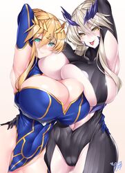 2girls armpits arms_up artoria_pendragon artoria_pendragon_(lancer) artoria_pendragon_(lancer_alter) blonde_hair blue_eyes curvy fate/grand_order fate_(series) hair_bun hair_ornament huge_breasts leotard looking_at_viewer mature_female multiple_girls pale-skinned_female thick_thighs tongue_out watosu_(watosu_mama) yellow_eyes