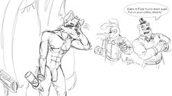 5_fingers abs anthro belt bonnie_(fnaf) bottle bottomwear bow_tie canid canine clothed clothing curtains dialogue drunk english_text eye_patch eyewear fingers five_nights_at_freddy's flaccid fox foxy_(fnaf) freddy_(fnaf) genitals group hi_res holding_bottle holding_cup holding_object hook_hand humanoid_genitalia humanoid_penis inkart_flow lagomorph leporid male male_only mammal monochrome muscular muscular_male nude penis rabbit scar simple_background speech_bubble spit-take substance_intoxication text topwear uncut ursid vein video_games white_background