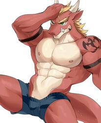 abs animal_genitalia anthro barely_visible_genitalia blonde_hair blue_bottomwear blue_clothing bodily_fluids bottomwear chung0_0 clothed clothing delga dragon eyebrows genital_slit genitals green_eyes hair hi_res horn m.u.g.e.n male male_only muscular muscular_male nipples pecs pink_nipples red_body scalie shorts simple_background slit solo sweat tattoo teeth topless white_background