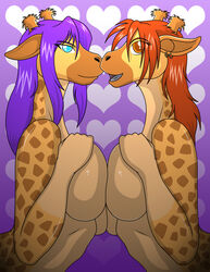 2girls anthro big_breasts blue_eyes breast_squeeze breasts brown_eyes brown_hair danielssj diamond_(kadath) earrings giraffe horns kadath_universe multiple_girls open_mouth puzzle_(kadath) simple_background symmetrical_docking violet_hair yuri