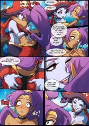 2girls asking_for_it ass_grab blue_eyes dark-skinned_female dark_skin dialogue duo earrings english_text female female_only flirting hat hug hugging imminent_sex kinkymation kissing long_hair making_out pirate purple_hair risky_boots saliva_string seductive shantae shantae_(character) speech_bubble teasing text yuri