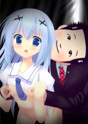 1boy absurdres black_suit blue_shirt blush commentary_request female gochuumon_wa_usagi_desu_ka? highres kafuu_chino karasawa_takahiro koushinism lawyer necktie nipple_stimulation real_life red_necktie sex sex_from_behind shirt suit szk torn_clothes