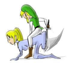1boy 1girls 2010 animated blonde_hair blue_bodysuit bodysuit boots brown_boots brown_gloves dhim female gloves green_tunic link link_(ocarina_of_time) male metroid nintendo pointy_ears samus_aran soul_calibur_ii spanking super_smash_bros. sword the_legend_of_zelda white_tights zero_suit_samus