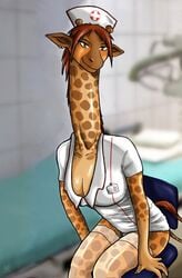 1girls anthro big_breasts breasts brown_eyes brown_hair cleavage earrings female_focus female_only giraffe horns kadath kadath_universe looking_at_viewer nurse nurse_uniform puzzle_(kadath) simple_background solo transparent_clothing