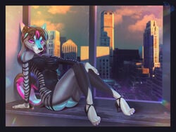 4:3 absurd_res anthro breasts canid canine canis city city_background clothed clothing dress female footwear hair hi_res high_heels looking_at_viewer mammal pinkaxolotl pinup pose robe shoes smile solo wolf