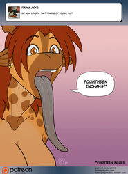 1girls anthro ask_blog big_breasts breasts brown_eyes brown_hair earrings english_text female_focus female_only giraffe horns kadath kadath_tumblr_ask kadath_universe long_tongue nude puzzle_(kadath) simple_background solo text tongue_out