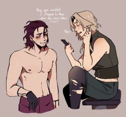 blonde_hair brown_hair freckles gay gloves green_eyes icarus jack male pale-skinned_male pale_skin red_eyes scars_all_over scuffroi shirtless shirtless_male stubble wet_hair