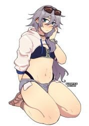abs bulge clothed clothes clothing female_focus female_only flat_chest fu_hua honkai_(series) honkai_impact_3rd hoyoverse long_hair revealing revealing_clothes short_shorts shorts subspaceskater sunglasses sunglasses_on_head thick_thighs thighs