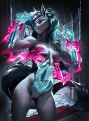 2025 5_fingers anthro black_hair blue_eyes bone breasts cathedral disembodied_hand equid equine female fingers fur genitals ghost_hand glowing glowing_eyes grey_body grey_fur grey_nipples hair hi_res horse inside long_hair magic mammal nipple_fetish nipple_play nipples pony pussy skeleton skygracer slim small_breasts small_waist solo standing tail translucent translucent_body visible_skeleton vulva wrist_grab