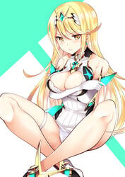 1girls absurdres bare_shoulders blonde_hair breasts chest_jewel commentary_request daive earrings elbow_gloves eyebrows_visible_through_hair female gem gloves green_background hair_between_eyes headpiece highres hikari_(xenoblade_2) jewelry large_breasts legs long_hair looking_at_viewer mythra nintendo sitting sitting_indian_style solo two-tone_background white_background white_gloves xenoblade_(series) xenoblade_chronicles_2 yellow_eyes