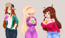 3girls alternate_breast_size big_hair blonde_hair blue_eyes boba_tea bottomwear brown_eyes brown_hair bubble_tea_challenge cleavage clothing disney disney_channel female female_only flannel gravity_falls hat headwear jeans light_skin mabel_pines multiple_girls orange_hair pacifica_northwest perilune purple_eyes red_hair redhead straight_hair tapioca_challenge ushanka very_long_hair waist_belt wendy_corduroy