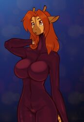 1girls anthro big_breasts breasts brown_eyes brown_hair clothed earrings female_focus female_only giraffe horns kadath_universe open_mouth puzzle_(kadath) scorpdk simple_background solo tight_clothing