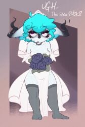 alternative_fashion black_rose blue_hair bouquet choker clothing crown dress ears_down female flower flower_bouquet goth hair headgear hi_res jewelry league_of_legends makeup necklace pivoted_ears plant riot_games short_stack smoke solo tencent thick_thighs vex_(league_of_legends) wedding_dress white_clothing white_dress wide_hips yordle