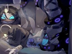 1boy 2_penises 3_arms 3_eyes already_uploaded anglerfish_boy asaichi bandaged_arm bandages belt black_jacket blue_eyes bondage bound clenched_teeth clothes_lift colored_skin cuntboy cuntboy_sans_balls diphallia diphallism empty_eyes grey_skin herm hermaphrodite highres intersex jacket lying male male_focus maleherm merfolk merman motion_lines multi_arm multi_eye multi_genitalia multi_limb multi_penis multiple_views on_stomach penis penis_below_pussy pinky_ring pressure_(roblox) pussy pussy_tentacle repost sebastian_solace shirt_lift tail teeth tentacle twitching