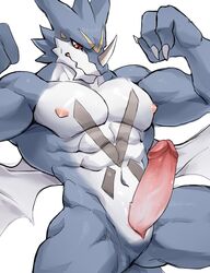 abs animal_genitalia anthro blue_body bodily_fluids chung0_0 claws digimon digimon_(species) erection exveemon genital_slit genitals hi_res horn humanoid_genitalia humanoid_penis male male_only muscular muscular_male navel nipples nude pecs penis pink_nipples pink_penis red_eyes simple_background slit solo sweat sweatdrop white_background wings