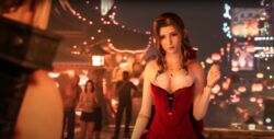 3d aerith_gainsborough brown_hair cloud_strife dress fenriossfm final_fantasy final_fantasy_vii final_fantasy_vii_remake green_eyes long_hair nip_slip nipple_slip nude nude_female red_dress square_enix tagme topless