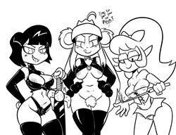 3girls :p big_breasts breasts breasts_out demon_girl demon_queenie female female_only koala_princess_(ok_k.o.!_lbh) leather leather_boots long_hair miniskirt miss_pastel_(ok_k.o.!_lbh) monochrome ok_k.o.!_let's_be_heroes panties pointy_ears pubic_hair short_hair terrible_the_drawfag themanwithnobats thick thick_thighs tied_hair