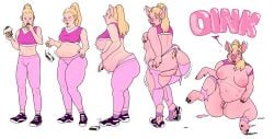 absurd_res anthro ass belly big_belly big_breasts big_butt blonde_hair bottomwear breast_expansion breasts butt_expansion candy cellulite chocolate chocolate_bar clothing dessert domestic_pig eating expansion female food footwear genitals growth hair hhhyyyiii hi_res human human_to_anthro mammal multi_nipple nipple_growth nipples overweight overweight_anthro overweight_female pants pig pink_body pink_clothing pink_skin pussy shoes simple_background sneakers solo species_transformation suid suina sus_(pig) thick_thighs topwear transformation transformation_sequence weight_gain white_background yoga_pants